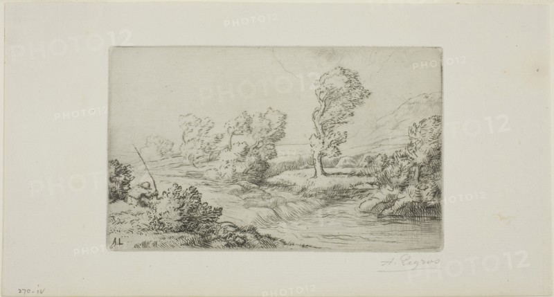 Banks of the Marne, c. 1883, Alphonse Legros, French, 1837-1911, France, Etching, drypoint and plate tone on light-green laid paper, 120 × 175 mm (plate), 153 × 284 mm (sheet)