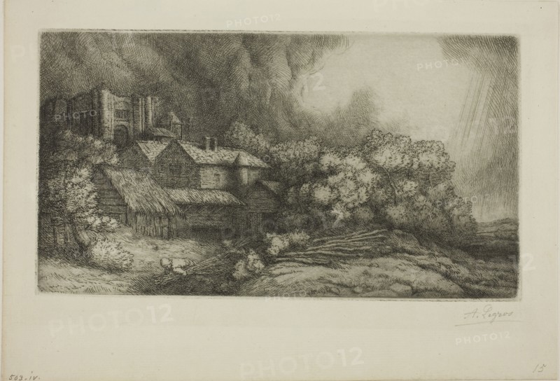 The Abbey Farm, c. 1893, Alphonse Legros, French, 1837-1911, France, Etching and drypoint on ivory laid paper, 138 × 249 mm (plate), 194 × 283 mm (sheet)