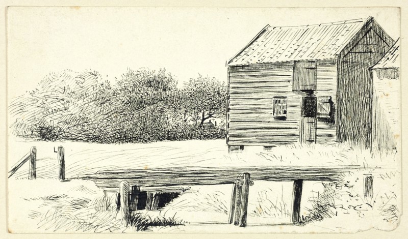 Barn and Bridge, n.d., Henry Stacy Marks, English, 1829-1898, England, Pen and black ink on ivory wove paper, 101 × 176 mm