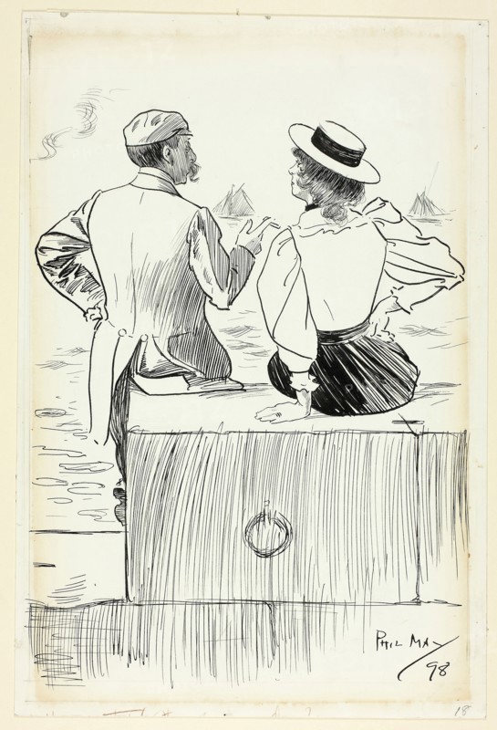 Man and Woman Sitting on Wharf, 1898, Philipp William May, English, 1864-1903, England, Pen and black ink, over traces of graphite, on ivory wove card, 348 × 232 mm