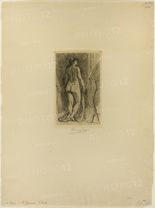 Standing Woman with a Fur, 1879, Félicien Rops, Belgian, 1833-1898, Belgium, Heliogravure, with drypoint, on cream laid paper, 133 × 87 mm (image), 141 × 89 mm (plate), 371 × 276 mm (sheet)