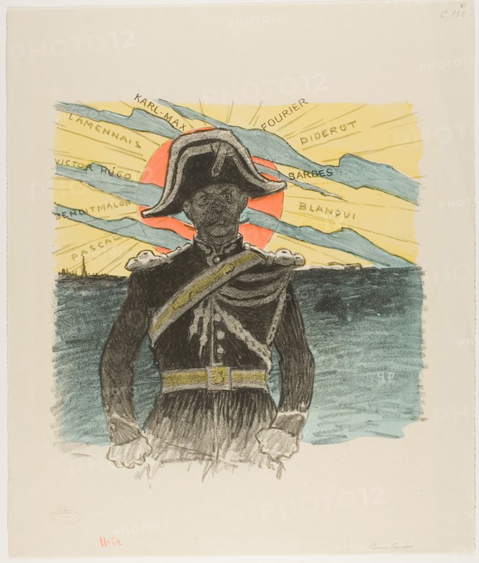 Poor Pandora!…, January 1894, Théophile-Alexandre Steinlen, French, born Switzerland, 1859-1923, France, Lithograph in black with hand-stenciled color (pochoir) in blue, yellow, and orange on cream wove paper, 324 × 310 mm (image), 451 × 381 mm (sheet)
