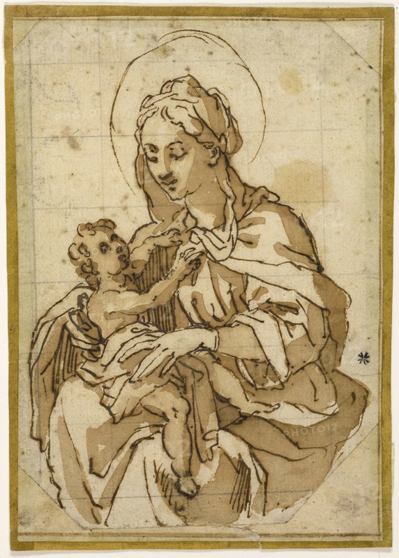 Virgin and Child, c. 1591, Circle of (or after) Francesco Vanni, Italian, 1563-1610, Italy, Pen and iron gall ink with brush and brown wash, on ivory laid paper, squared in graphite, 140 x 100 mm