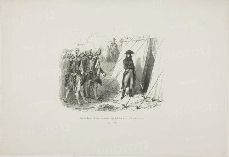 After Lodi, he is named corporal upon returning to camp, published 1839, Quartley (19th century), after Denis Auguste Marie Raffet (French, 1804-1860), written by M. de Norvins (French, active 19th century), published Furne, Éditeur (French, active 19th century), France, Wood engraving in black on ivory wove paper, 97 × 125 mm (image), 184 × 265 mm (sheet)