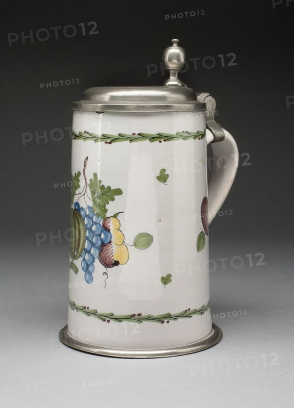 Tankard, 18th century, Austria, Salzburg, Salzburg, Tin-glazed earthenware (faience) and pewter, 23.9 x 17.2 cm (9 3/8 x 6 3/4 in.)