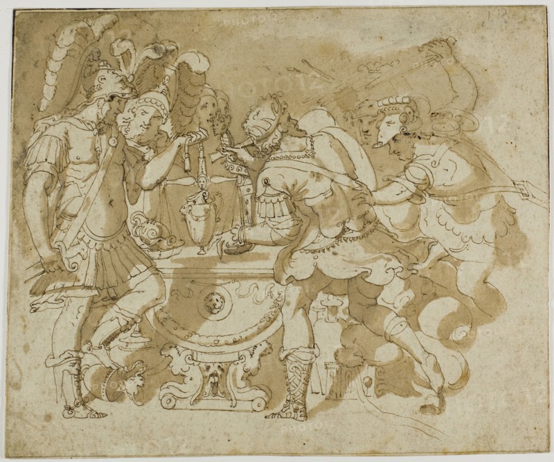 Camillus Attacking Brennus, c. 1550, after Francesco de’Rossi, called Salviati, Italian, 1510-1563, Italy, Pen and brown ink with brush and brown wash, over traces of graphite, on ivory laid paper, laid down on cream wove paper, 207 x 249 mm