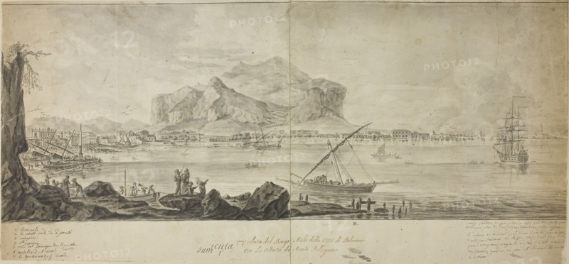 View of the City and Harbor of Palermo with a View of Monte Pellegrino, n.d., Adrien Manglard, French, 1695-1760, France, Pen and black ink with brush and gray wash, on ivory laid paper, tipped onto tan wove paper, 307 × 662 mm