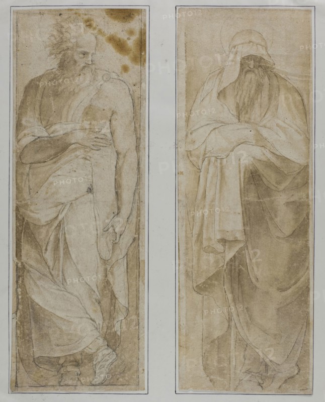 Standing Prophet or Apostle, n.d., after Pellegrino Tibaldi (Italian, 1527-1596), and Perino del Vaga (Italian, 1501-1547), Italy, Black chalk with brush and brown wash, on ivory laid paper, tipped on to ivory wove paper, 285 x 100 mm