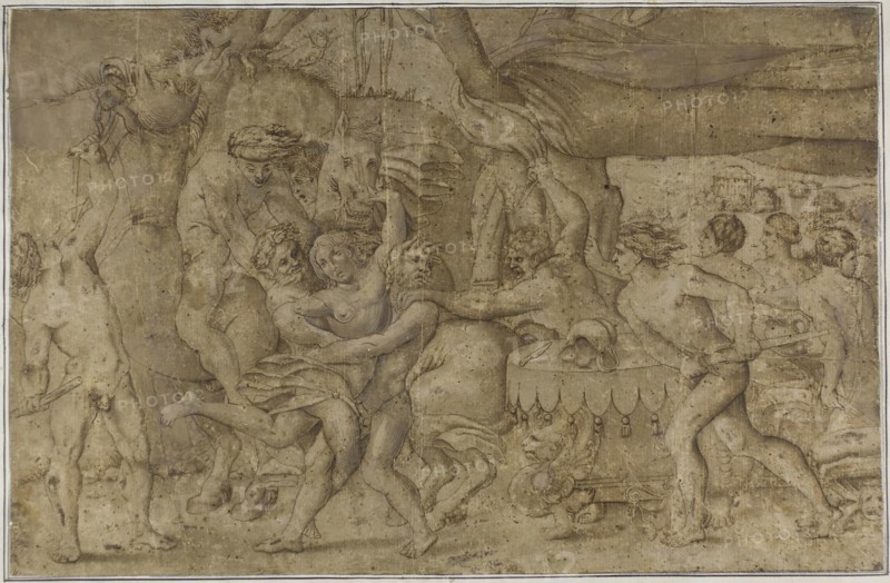 Battle of the Lapiths and Centaurs, n.d., After Enea Vico, Italian, 1523-1567, Italy, Pen and brown ink with brush and brown wash and gray gouache, on tan laid paper, laid down on ivory laid paper, laid down on blue wove paper, 272 x 418 mm