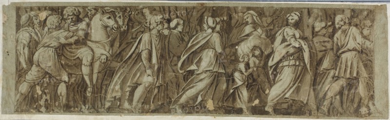 Sabines Crossing the River Tiber to Attend the Roman Games, n.d., After Polidoro Caldara, called Polidoro da Caravaggio, Italian, c. 1499-c. 1543, Italy, Pen and brown ink with brush and brown wash, heightened with white gouache, on blue laid paper edge mounted to ivory laid paper, laid down on blue laid paper, 133 x 450 mm
