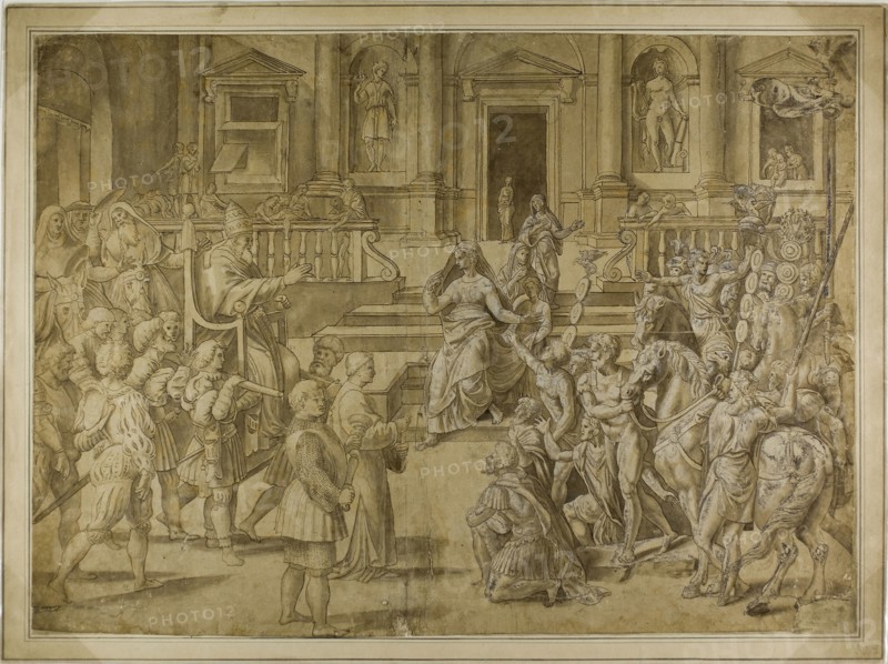 Pope Sylvester Blessing the Emperor Constantine, n.d., after Giulio Pippi, called Giulio Romano, Italian, c. 1499-1546, Italy, Pen and brown ink with brush and brown wash, heightened with lead white (oxidized), on tan laid paper, laid down on card, 412 x 560 mm (max.)