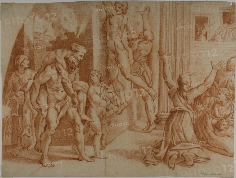 Fire in the Borgo (recto), Slight Sketch of the Fire in the Borgo (verso), 1726/1750, Ottaviano Dandini (Italian, c. 1706-1750), after Raffaello Sanzio, called Raphael (Italian, 1483-1520), Italy, Red chalk (recto and verso) on ivory laid paper, 374 x 503 mm (max.)