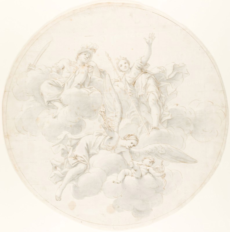 The Chastisement of Cupid by Jealousy in the Presence of Diana and Mars, 1692/1700, Marcantonio Franceschini, after, Italian, 1648-1729, Italy, Pen and brown ink, with brush and gray wash, over traces of black chalk, squared in black chalk, on ivory laid paper, laid down on ivory laid paper, 426 x 422 mm