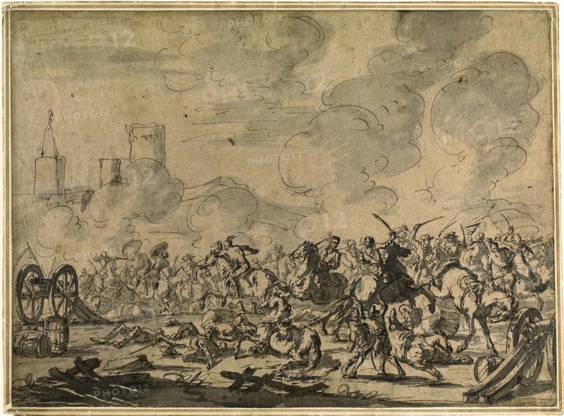 Cavalry and Artillery Battle, n.d., Style of Jacques Courtois, French, c. 1729-c. 1767, France, Pen and brown ink, and brush and black and gray wash, heightened with lead white (discolored), on tan laid paper, laid down on cream laid card, 427 × 589 mm