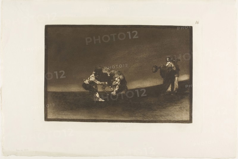 The Same Man Throws a Bull in the Ring at Madrid, plate 16 from The Art of Bullfighting, 1814/16, published 1876, Francisco José de Goya y Lucientes, Spanish, 1746-1828, Spain, Etching, burnished aquatint, drypoint and burin on ivory laid paper, 205 x 310 mm (image), 245 x 353 mm (plate), 335 x 495 mm (sheet)