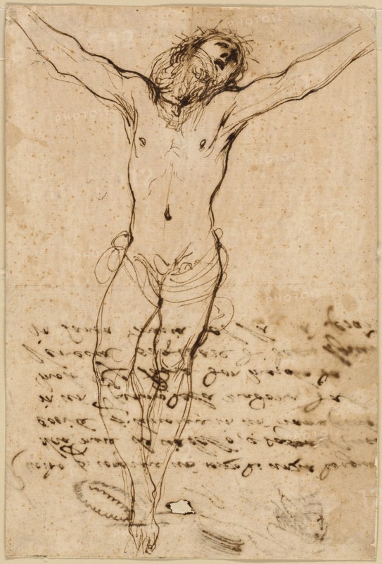 Christ on the Cross: Study for the Crucifixion with Saints, 1624/25, Guercino, Italian, 1591-1666, Italy, Pen and iron gall ink on buff laid paper, laid down on ivory wove paper, 258 x 174 mm