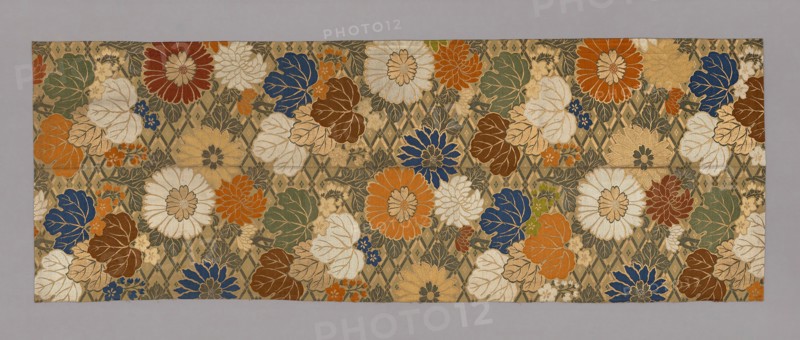 Obi (Belt), Meiji period (1868–1912), 1875/1900, Japan, Silk, cotton, wild silk and gold-leaf-over-lacquered-paper strips, warp-float faced 2:1 'S' twill weave with supplementary patterning and brocading wefts bound in twill interlacings, 179.1 x 65.1 cm (70 1/2 x 25 5/8 in.)