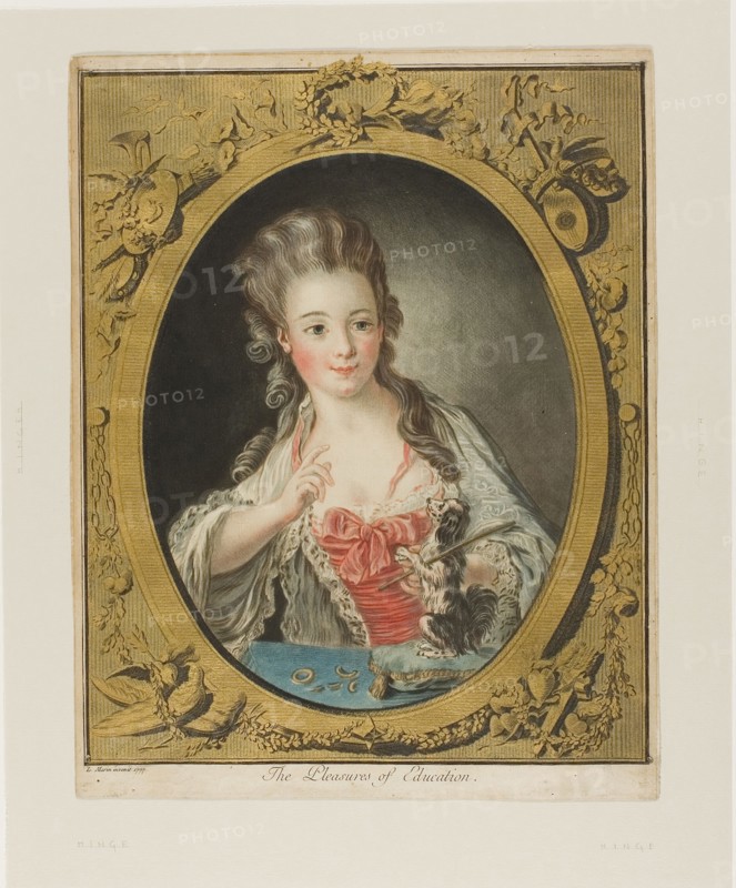 The Pleasures of Education, 1777, Louis-Marin Bonnet, French, 1736-1793, France, Pastel-manner engraving and etching in color, with gold leaf, on ivory laid paper, 293 × 238 mm (image), 315 × 245 mm (sheet)
