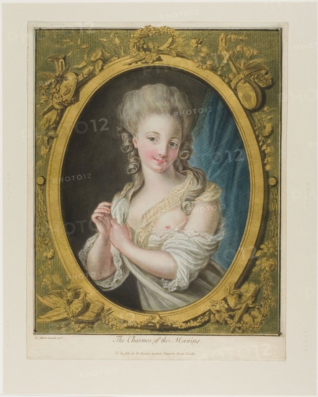 The Charmes of the Morning, 1777, Louis-Marin Bonnet, French, 1736-1793, France, Pastel-manner engraving and etching in color, with gold leaf, on ivory laid paper