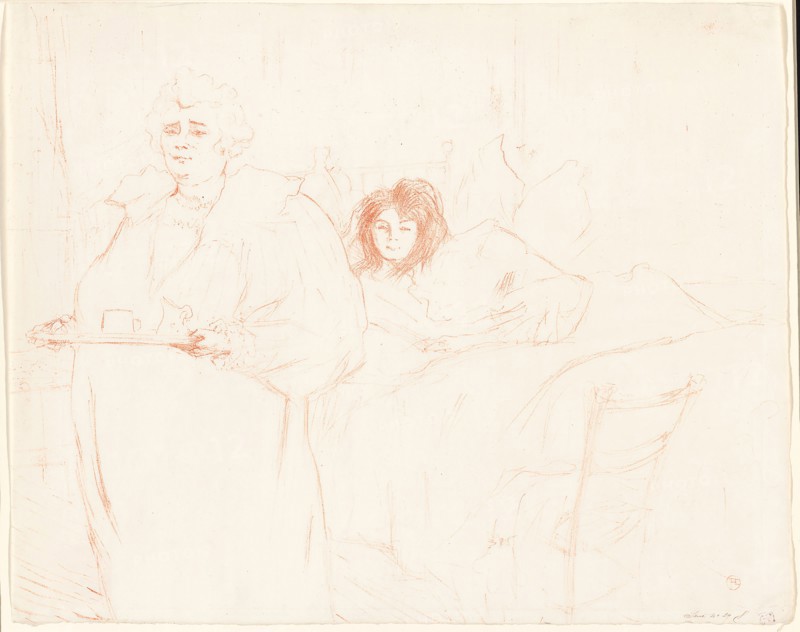 Woman with a Tray—Breakfast (Madame Baron and Mademoiselle Popo), plate two from Elles, 1896, Henri de Toulouse-Lautrec (French, 1864-1901), published by Gustave Pellet (French, 1859-1919), probably printed by Auguste Clot (French, 1858-1936), France, Color lithograph on ivory wove paper, 397 × 504 mm (image), 402 × 507 mm (sheet)