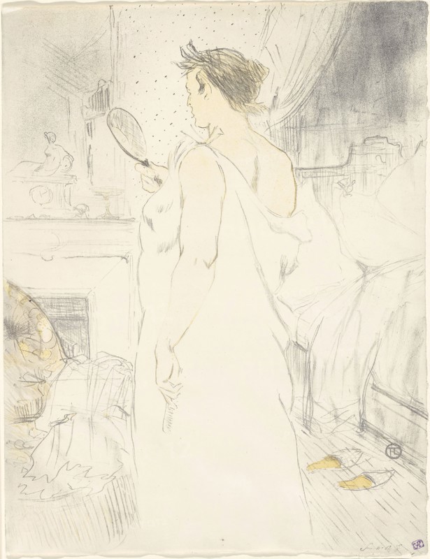 Woman at the Mirror—Mirror in Hand, plate six from Elles, 1896, Henri de Toulouse-Lautrec (French, 1864-1901), published by Gustave Pellet (French, 1859-1919), probably printed by Auguste Clot (French, 1858-1936), France, Color lithograph on ivory wove paper, 523 × 400 mm