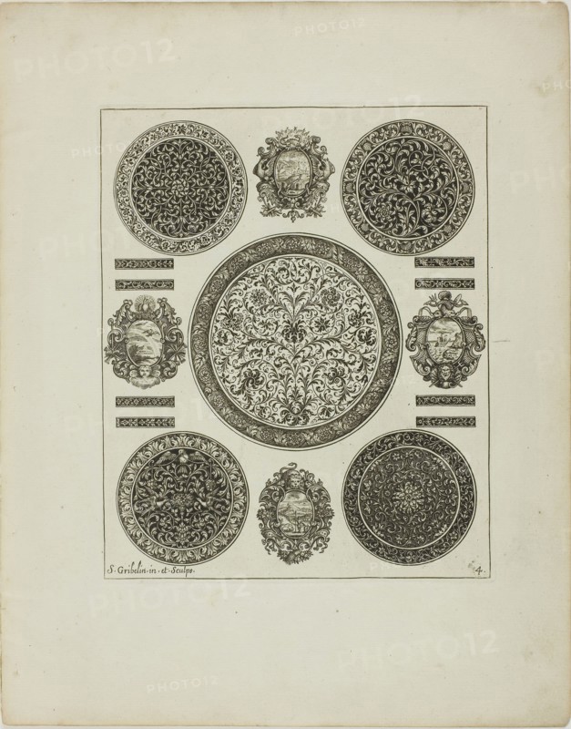 Plate Four, from Book of Ornament, 1704, Simon Gribelin II, French, 1661-1733, France, Engraving on paper, 194 × 158 mm (image/plate), 296 × 232 mm (sheet)