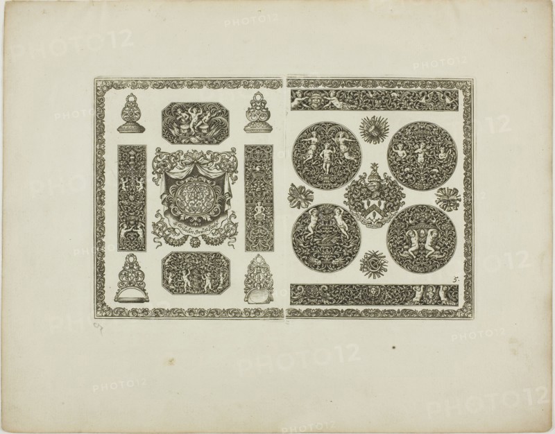 Plate Five, from Book of Ornament, 1704, Simon Gribelin II, French, 1661-1733, France, Engraving on paper, 132 × 207 mm (image/plate), 233 × 296 mm (sheet)