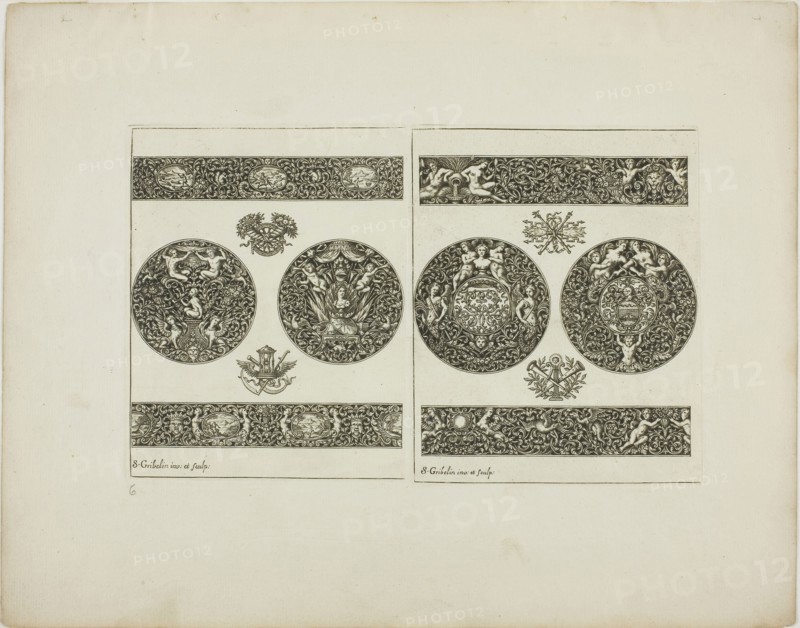 Plate Six, from Book of Ornament, 1704, Simon Gribelin II, French, 1661-1733, France, Engraving on paper, 132 × 213 mm (image/plate), 233 × 296 mm (sheet)