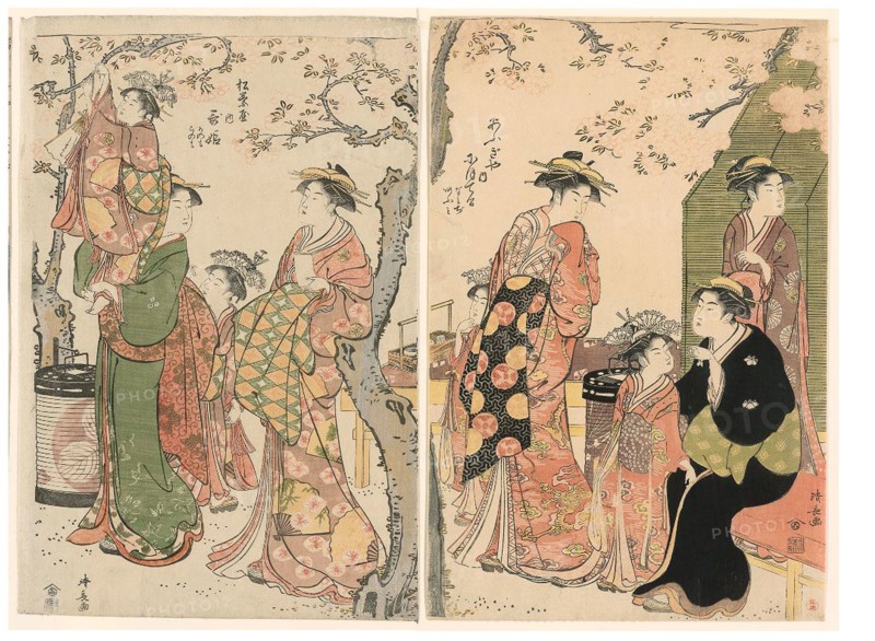Courtesans and Their Child Attendants under Blossoming Cherry Trees, 1785, Torii Kiyonaga, Japanese, 1752-1815, Japan, Color woodblock print, right and center sheets of oban triptych, 38.0 x 25.3 cm (right sheet), 39.1 x 25.8 cm (center sheet)