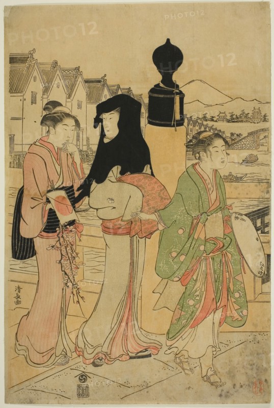 Women Crossing Nihonbashi Bridge, c. 1786, Torii Kiyonaga, Japanese, 1752-1815, Japan, Color woodblock print, left sheet of oban diptych, 38.3 x 25.4 cm