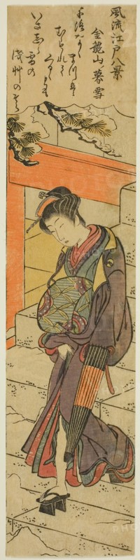 Evening Snow at Kinryuzan Temple (Kinryuzan no bosetsu), from the series Eight Fashionable Views of Edo (Furyu Edo hakkei), c. 1778, Torii Kiyonaga, Japanese, 1752-1815, Japan, Color woodblock print, half hosoban (right side), 31.0 x 7.3 cm