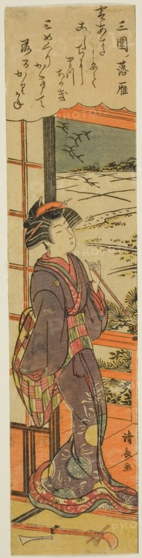 Descending Geese at Mimeguri (Mimeguri no rakugan), from the series Eight Fashionable Views of Edo (Furyu Edo hakkei), c. 1778, Torii Kiyonaga, Japanese, 1752-1815, Japan, Color woodblock print, half hosoban (left side), 30.9 x 7.2 cm
