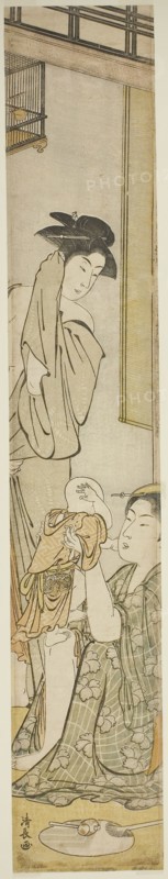 Two Women and a Child after a Bath, c. 1782, Torii Kiyonaga, Japanese, 1752-1815, Japan, Color woodblock print, hashira-e, 67.8 x 11.6 cm