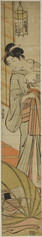 Mother Watching her Son Sleeping under a Mosquito Net, c. 1780, Torii Kiyonaga, Japanese, 1752-1815, Japan, Color woodblock print, hashira-e, 69.2 x 11.8 cm