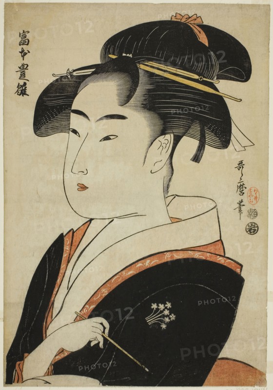 Tomimoto Toyohina, from the series Famous Beauties of Edo (Edo komei bijin), c. 1793/94, Kitagawa Utamaro ??? ??, Japanese, 1753 (?)-1806, Japan, Color woodblock print, aiban, 33.6 x 23.3 cm