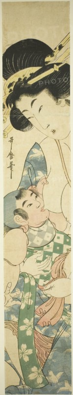 Mother Nursing Child, c. 1806/31, Kitagawa Utamaro II, Japanese, died 1831 (?), Japan, Color woodblock print, hashira-e