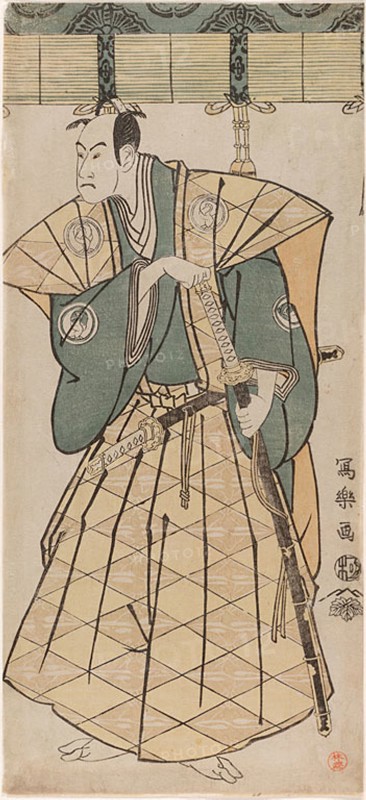 The actor Bando Hikosaburo III as Godai Saburo Chikatada, 1794, Toshusai Sharaku ??? ??, Japanese, active 1794-95, Japan, Color woodblock print, right sheet of hosoban triptych (center: 1928.1062, left: 2003.337), 30.0 x 14.0 cm