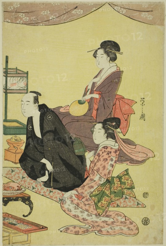 A Banquet Scene, c. 1795, Chobunsai Eishi, Japanese, 1756-1829, Japan, Color woodblock print, right sheet of oban triptych, 38.5 x 25.4 cm (15 1/8 x 10 in.)