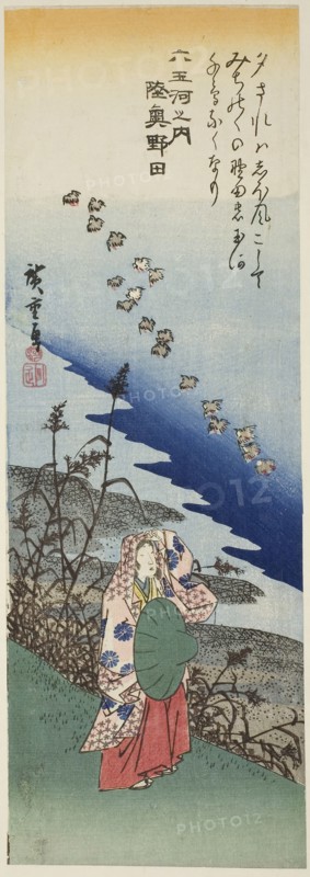 Noda Jewel River in Mutsu Province (Mutsu Noda), from the series Six Jewel Rivers (Mu Tamagawa no uchi), c. 1835/39, Utagawa Hiroshige ?? ??, Japanese, 1797-1858, Japan, Color woodblock print, chutanzaku, 36.8 x 12.7 cm (14 1/2 x 5 in.)