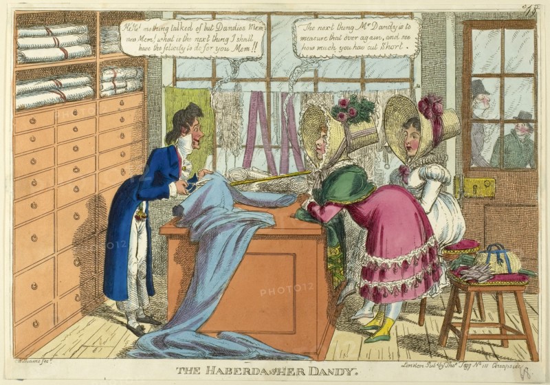 The Haberdasher Dandy, 1817–20, Charles Williams (English, active 1797-1830), published by Thomas Tegg (English, 1776-1845), England, Etching in black, with hand-colored additions, on cream wove paper, 235 × 330 mm