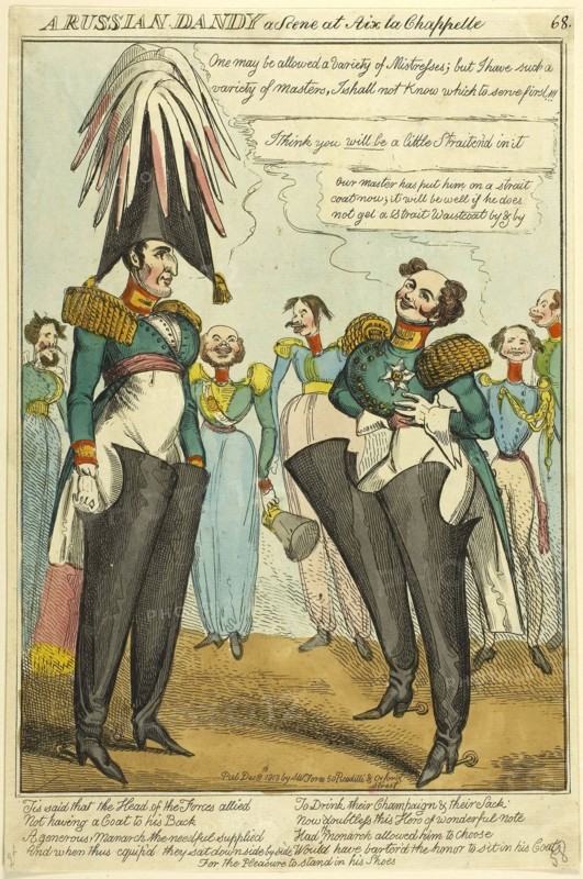 A Russian Dandy, published December 8, 1818, William Heath (English, 1795-1840), published by S. W. Fores (English, active 1785-1825), England, Hand-colored etching on ivory laid paper, 332 × 218 mm