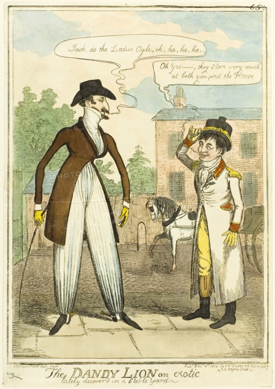 The Dandy Lion an Exotic lately Discovered in a Stable Yard, published December 8, 1818, Isaac Robert Cruikshank (English, 1789-1856), published by S.W. Fores (English, 1761-1838), England, Hand-colored etching on paper, 315 × 227 mm (image), 337 × 237 (sheet, cut within plate mark)