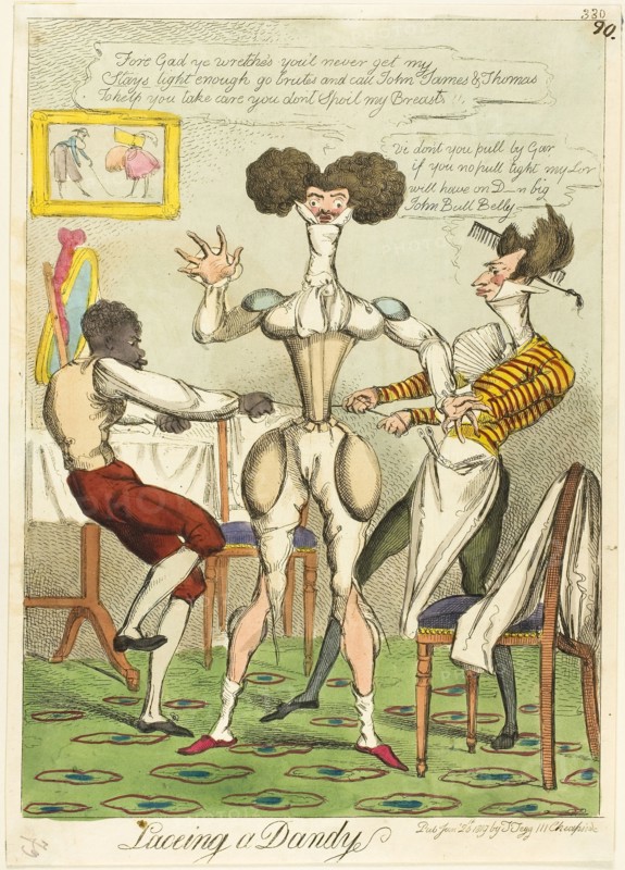 Lacing a Dandy, published January 26, 1819, Unknown Artist (English), published by Thomas Tegg (English, 1776-1845), England, Handcolored etching on cream wove paper, 300 × 216 mm (image), 322 × 228 mm (sheet), plate mark not visible