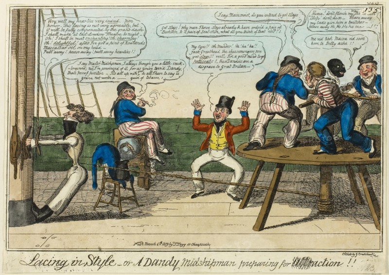 Lacing in Style, published March 6, 1819, George Cruikshank (English, 1792-1878), after Captain Frederick Marryat (English, 1792-1848), England, Hand-colored etching on paper, 215 × 330 mm (image), 237 × 334 mm (sheet, cut to plate mark)