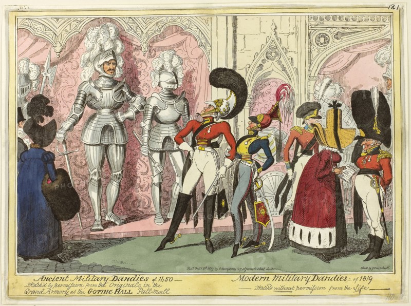 Ancient and Modern Military Dandies of 1450, published February 8, 1819, George Cruikshank (English, 1792-1878), published by George Humphrey (English, c. 1773-1831), England, Hand-colored etching on paper, 253 × 354 mm (image), 265 × 360 mm (plate), 270 × 365 mm (sheet)