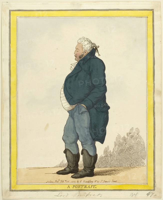 A Portrait: Lord Pomfret, published February 26, 1812, Thomas Rowlandson (English, 1756-1827), published by Hannah Humphrey (English, 1745-1818) and Thomas Tegg (English, 1776-1845), England, Hand-colored etching on ivory wove paper, 255 × 207 mm (image), 273 × 222 mm (plate), 277 × 227 mm (sheet)