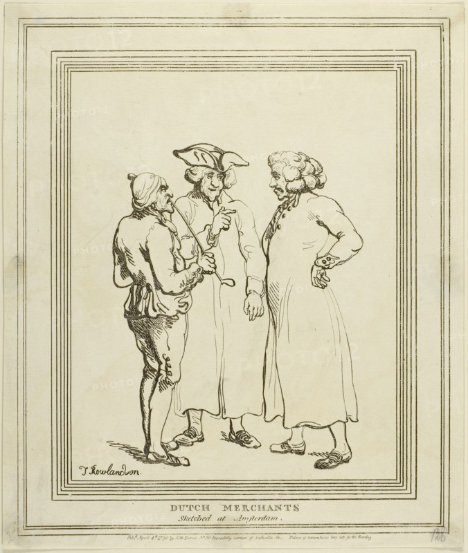 Dutch Merchants Sketched at Amsterdam, published April 4, 1796, Thomas Rowlandson (English, 1756-1827), published by S.W. Fores (English, 1761-1838), England, Hand-colored etching on ivory wove paper, 200 × 245 mm