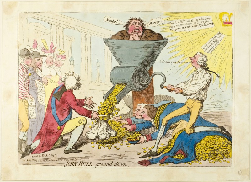 John Bull Ground Down, published June 1, 1795, James Gillray (English, 1756-1815), published by Hannah Humphrey (English, c. 1745-1818), England, Etching in dark brown, with handcoloring, on cream wove paper, 244 × 340 mm (image), 248 × 346 mm (plate), 285 × 397 mm (sheet)