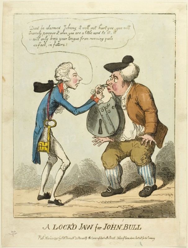 A Lock’d Jaw for John Bull, published November 23, 1795, Unknown Artist (English, late 18th-early 19th centuries), published by S. W. Fores (English, active 1785-1825), England, Hand-colored etching on paper, 358 × 266 mm