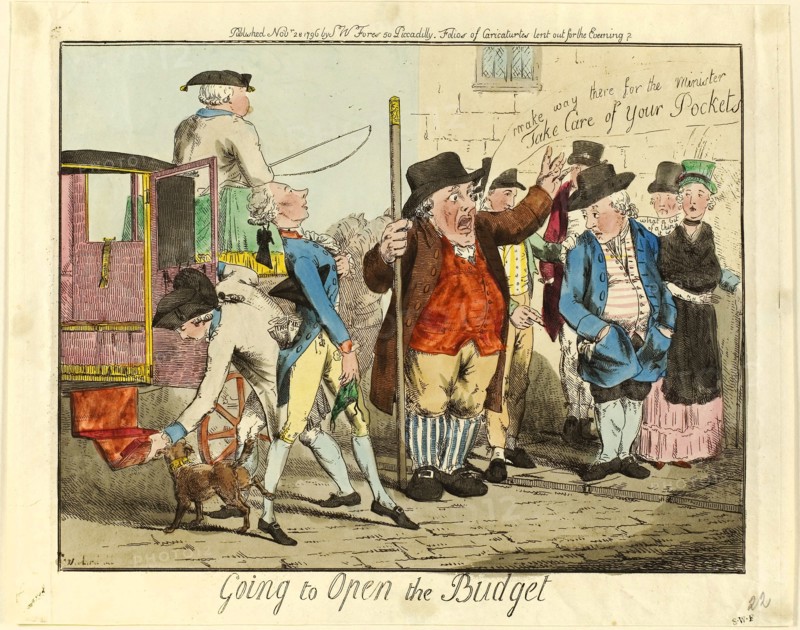 Going to Open the Budget, 1796, Unknown Artist (English, late 18th century), after George Moutard Woodward (English, c. 1760-1809), published by S.W. Fores (English, 1761-1838), England, Etching in black, with hand-colored additions, on cream wove paper, 270 × 335 mm